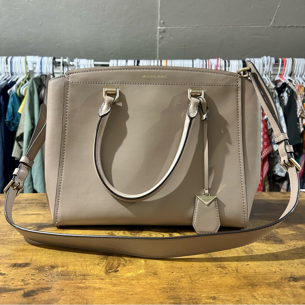 Michael Kors Benning Large Leather Satchel Purse In Truffle Beige